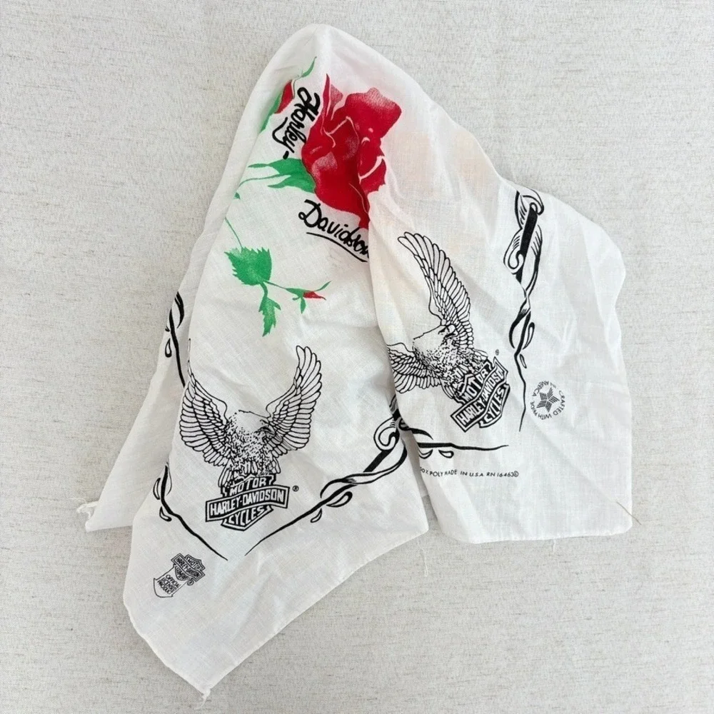 Vintage Official Harley-Davidson Rose Bandana Made In USA Eagles Black and White